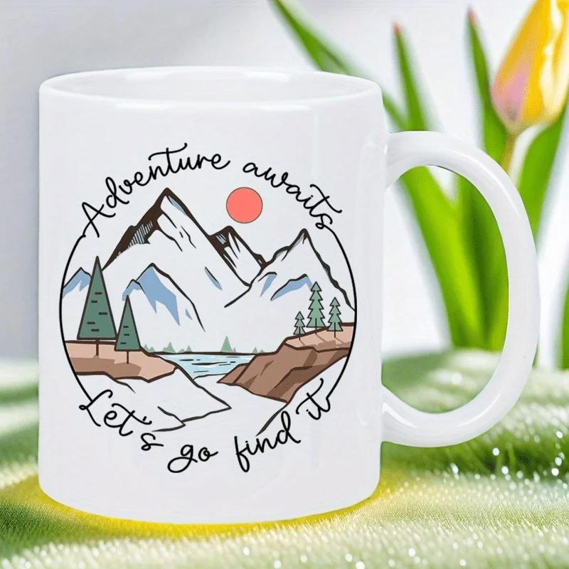 Tailorly White Ceramic 11 oz Mug - Adventure Awaits Lets Go Find It Snowy Peaks And Evergreen Trees Under A Small Red Sun Mountain
