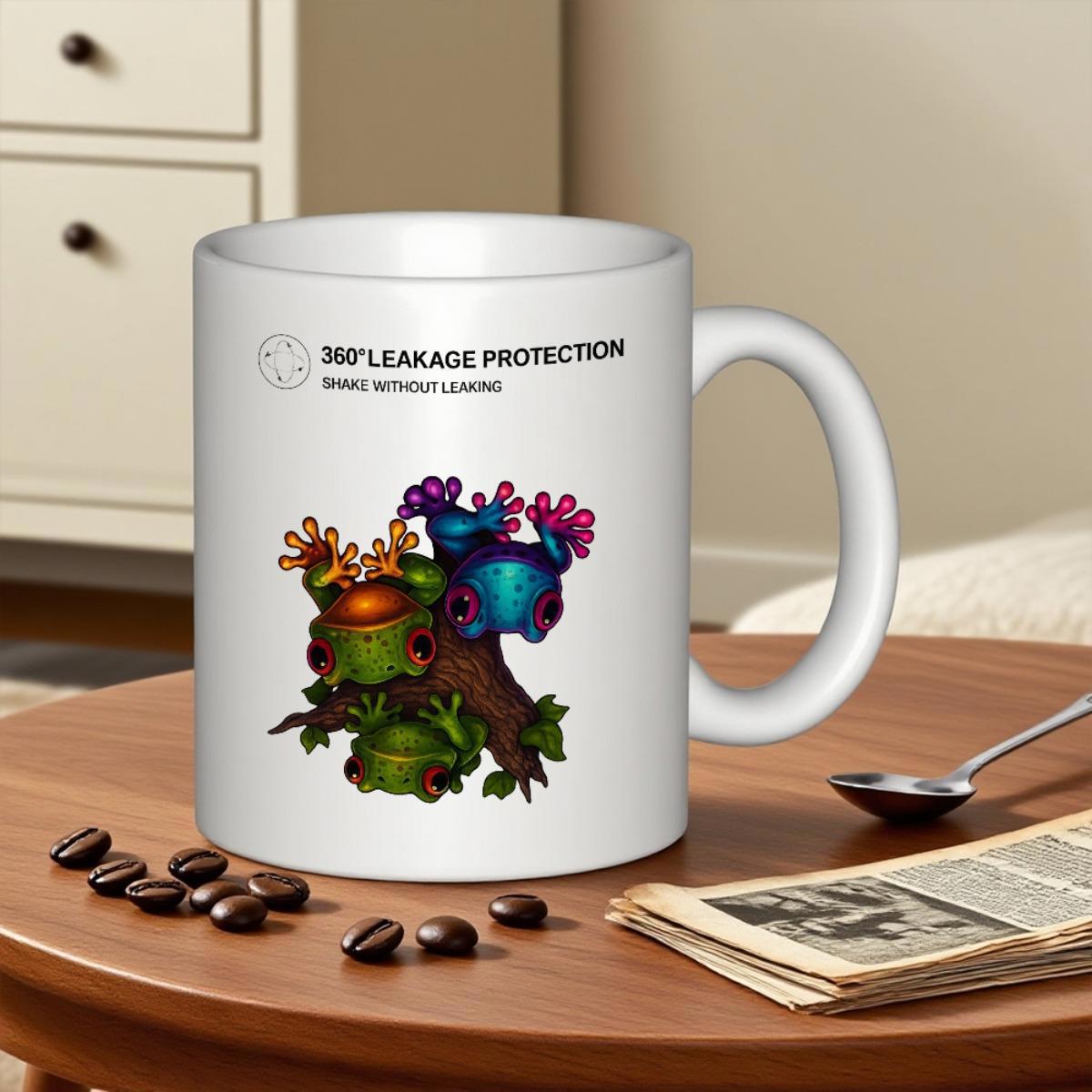 Tailorly White Ceramic 11 oz Mug - 360 Leakage Protection Drinks Without Leaking Three Colorful Tropical Tree Frogs Climbing On A Brown Branch Frog