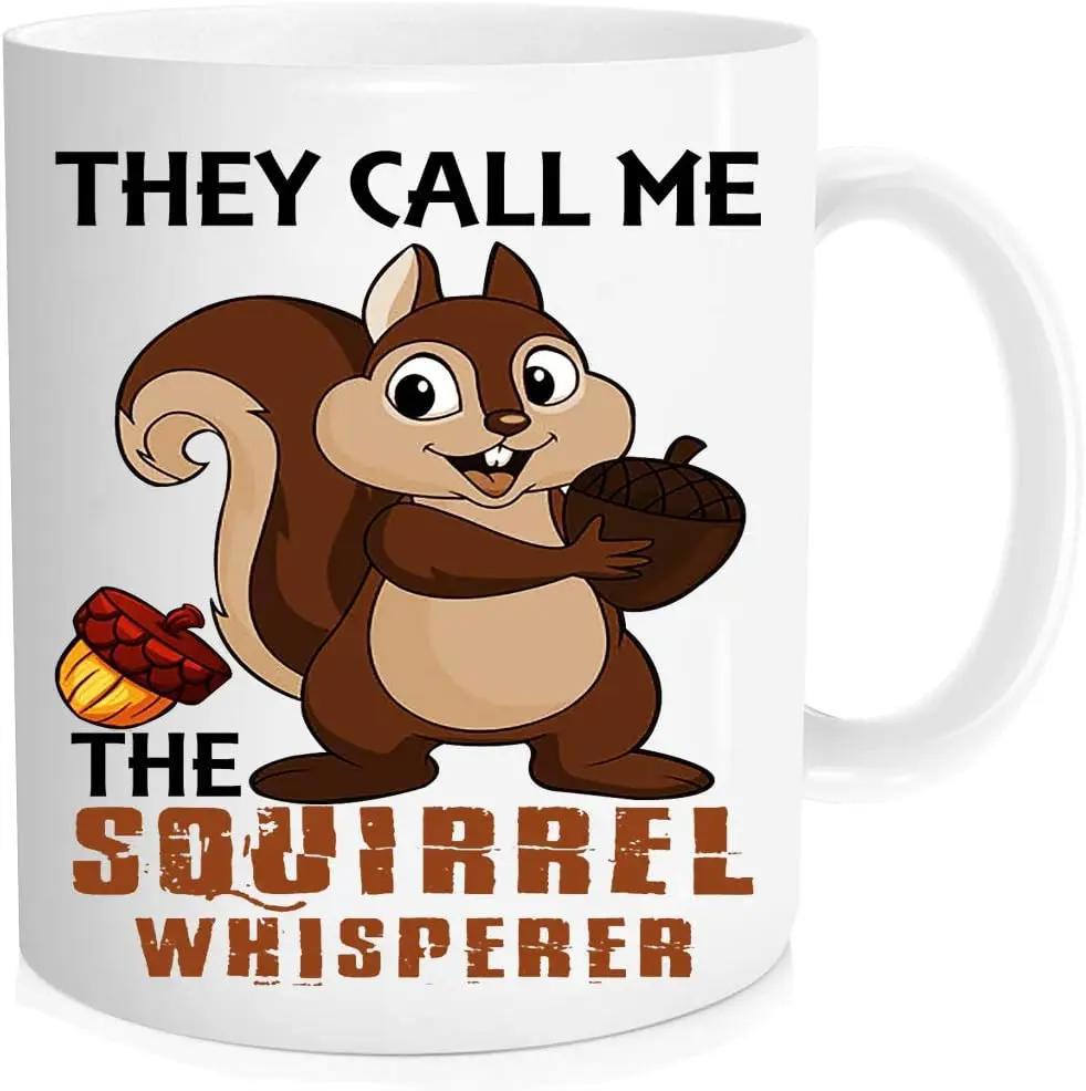 Tailorly White Ceramic 11 oz Mug - They Call Me The Squirrel Whisperer Smiling Brown Cartoon Creature Holding Large Nut With Fallen Acorn Squirrel