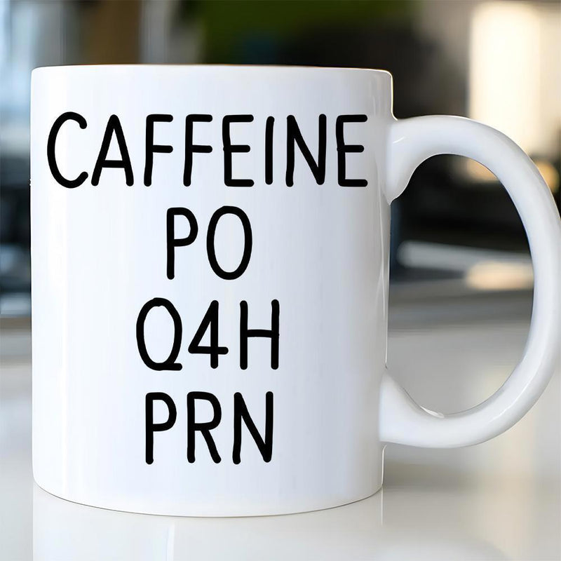 Tailorly White Ceramic 11 oz Mug - Caffeine PO Q4H PRN Minimalist Clean White Ceramic Vessel Featuring Medical Prescription Lettering Mug
