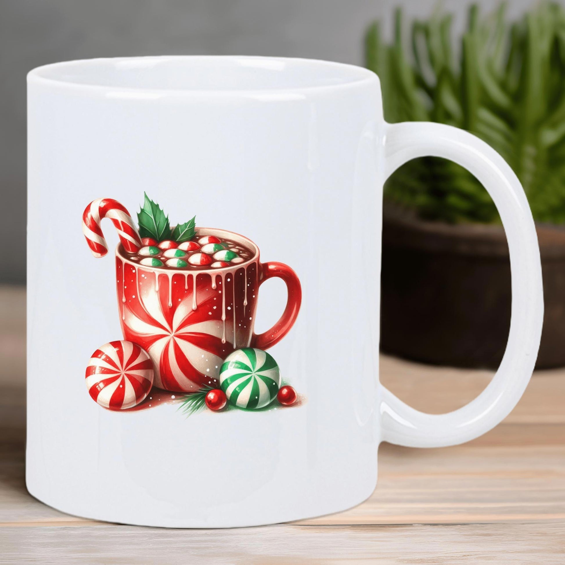 Tailorly White Ceramic 11 oz Mug - Festive Christmas Peppermint Swirl Hot Cocoa With Candy Cane And Marshmallows Mug