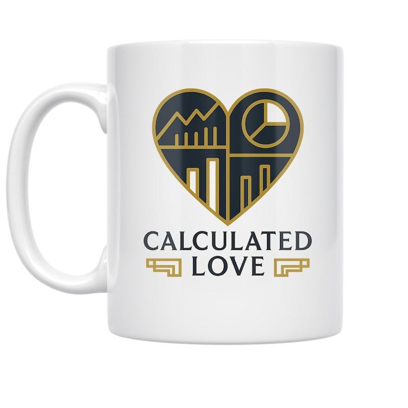 Tailorly White Ceramic 11 oz Mug - Calculated Love Stylized Gold Outlined Data Visualizations Within A Geometric Heart