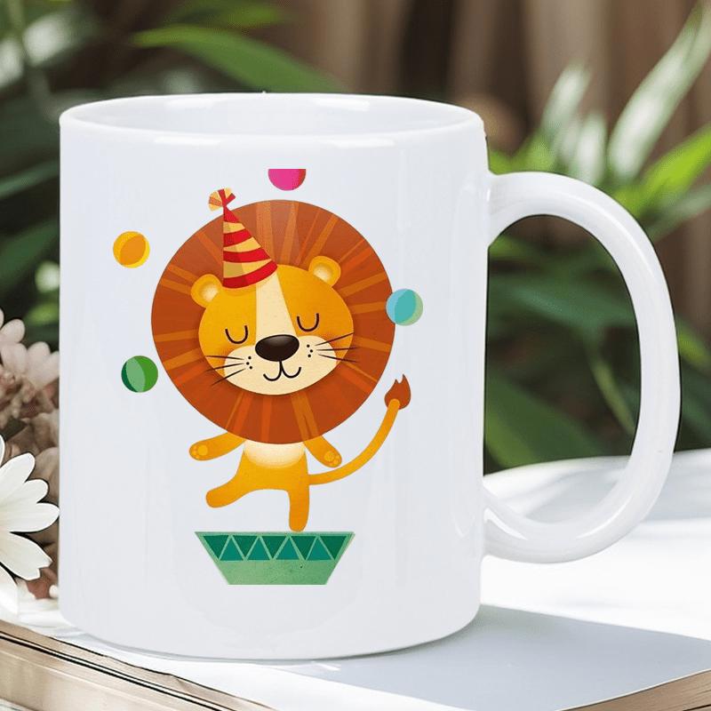 Tailorly White Ceramic 11 oz Mug - Playful Cartoon Style Wearing Striped Party Hat On Green Stand Lion