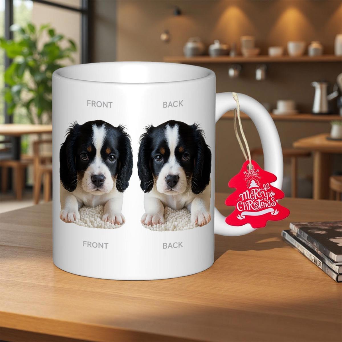 Tailorly White Ceramic 11 oz Mug - Front Back Merry Christmas Adorable Black And White Puppy Resting Calmly On Soft Surface Puppy