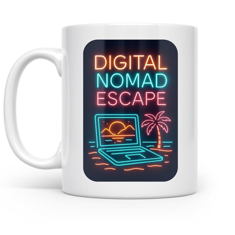 Tailorly White Ceramic 11 oz Mug - Digital Nomad Escape Vibrant Neon Glowing Tropical Palm Tree And Sunset Beach Laptop