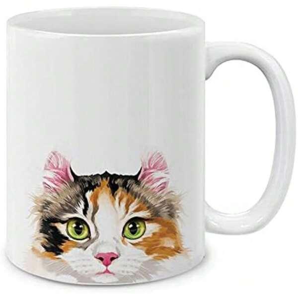 Tailorly White Ceramic 11 oz Mug - Hand Painted Style Calico Feline Head With Distinctive Green Eyes Curious Cat