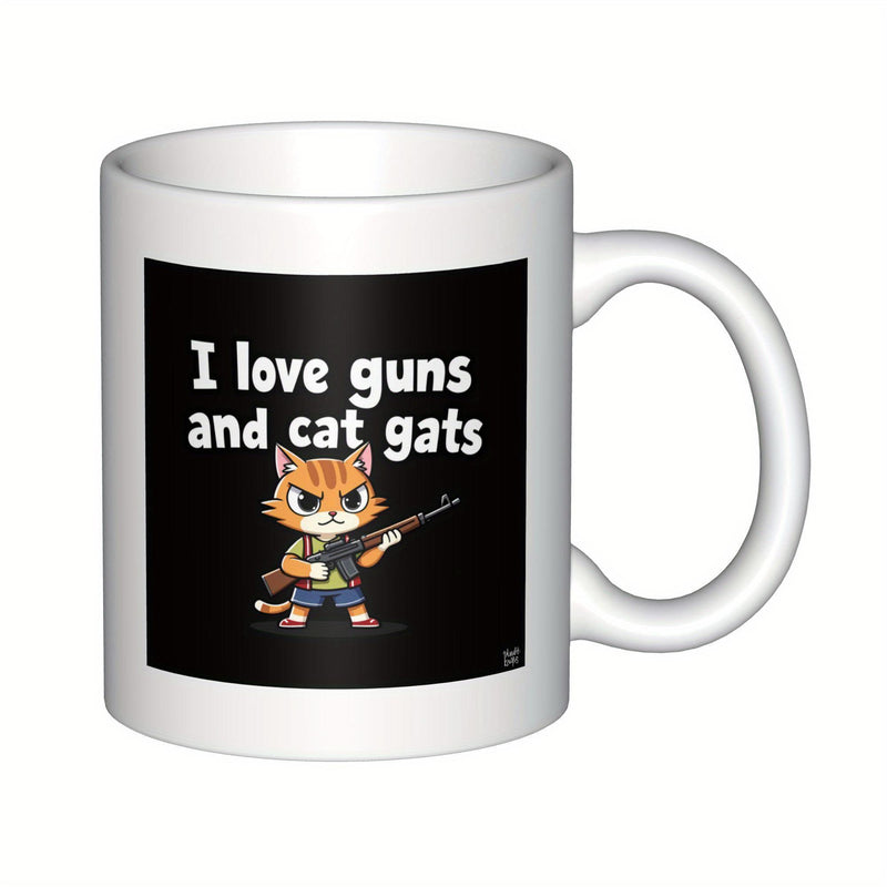 Tailorly White Ceramic 11 oz Mug - I Love Guns And Cat Gats Determined Orange Tabby Holding A Wooden Rifle On Black Background Cat
