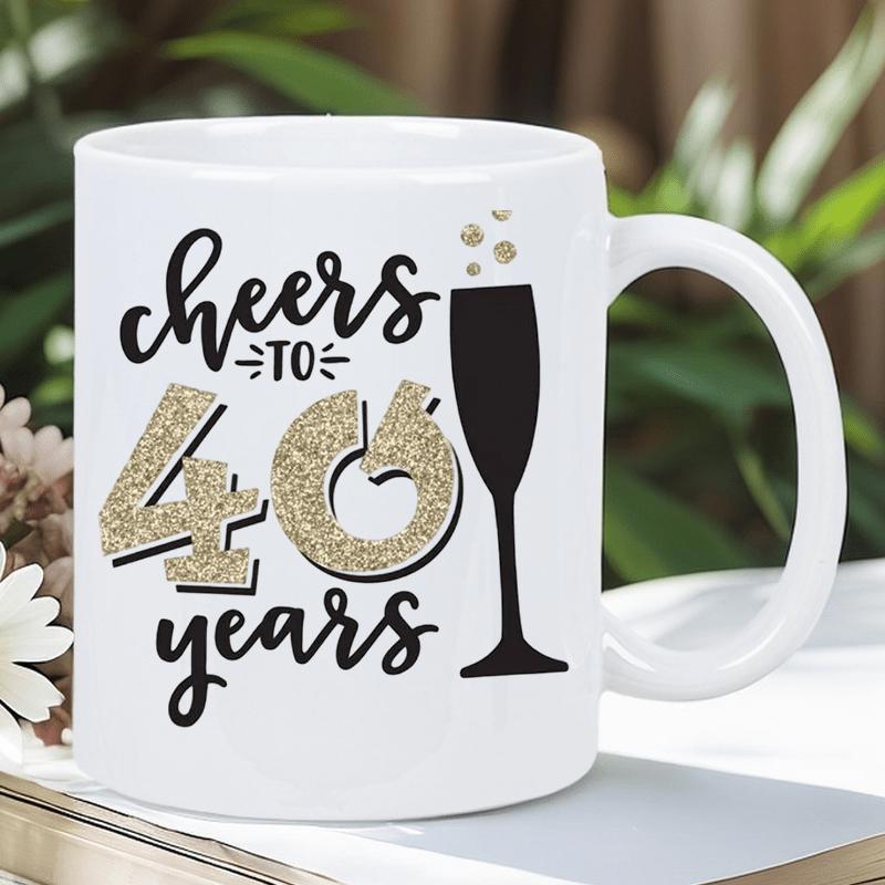 Tailorly White Ceramic 11 oz Mug - Cheers To 40 Years Elegant Celebration Design Featuring Golden Glitter Numbers And Bubbles Champagne Flute