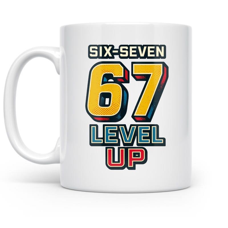 Tailorly White Ceramic 11 oz Mug - Six Seven 67 Level Up Vintage Retro Gaming Style With Bold Colorful Shadows And Decorative Number