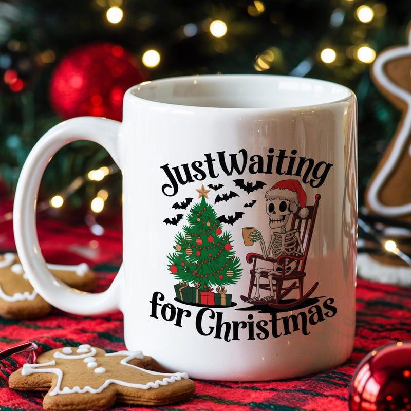 Tailorly White Ceramic 11 oz Mug - Just Waiting For Christmas Skeleton Wearing Santa Hat Relaxing Beside A Decorated Tree Skeleton