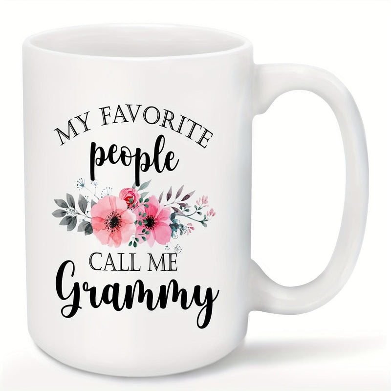 Tailorly White Ceramic 11 oz Mug - My Favorite People Call Me Grammy Elegant Pink Watercolor Flowers With Green Leaves And Botanical Elements Mug