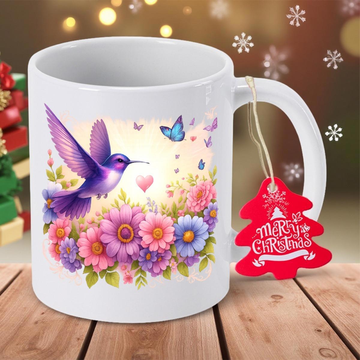Tailorly White Ceramic 11 oz Mug - Vibrant Purple Wings Hovering Over Colorful Spring Garden Flowers Hummingbird