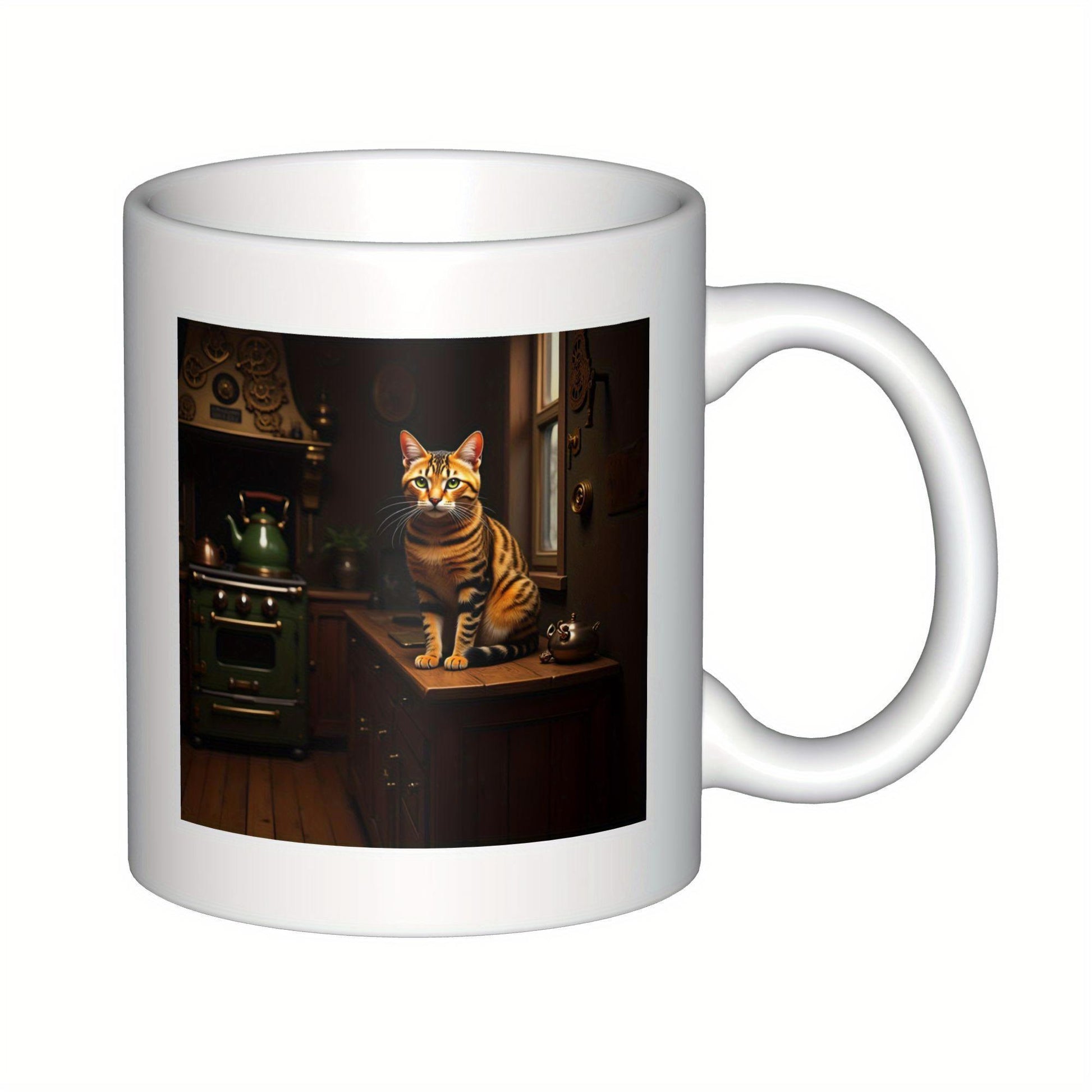 Tailorly White Ceramic 11 oz Mug - Cozy Rustic Kitchen Scene Featuring A Charming Sitting Domestic Tabby Cat