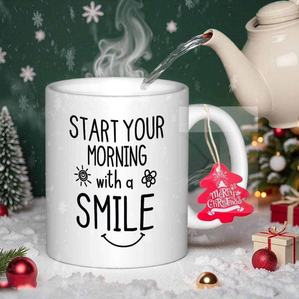 Tailorly White Ceramic 11 oz Mug - Start Your Morning With A Smile Festive Winter Scene Featuring Steam And Holiday Decorations