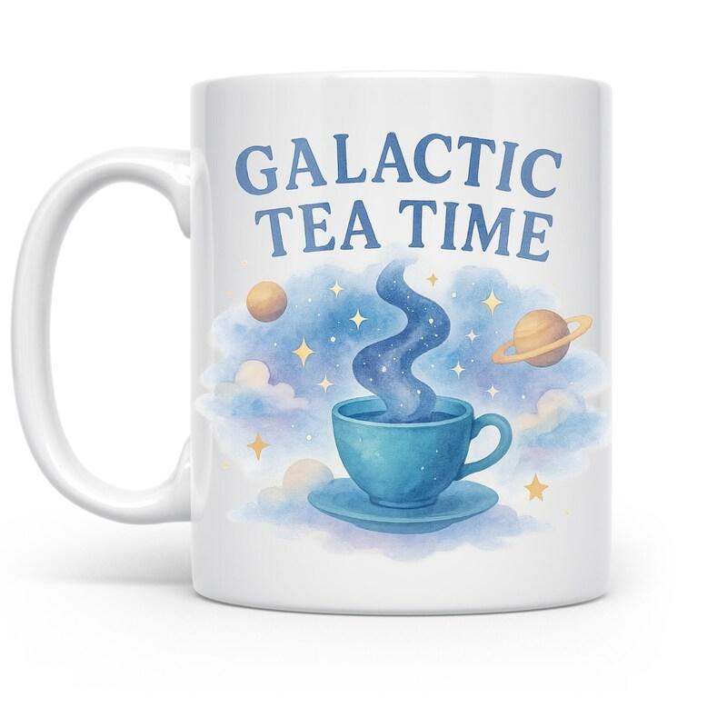 Tailorly White Ceramic 11 oz Mug - Galactic Tea Time Dreamy Blue Space Galaxy Nebula With Planets And Twinkling Stars Teacup