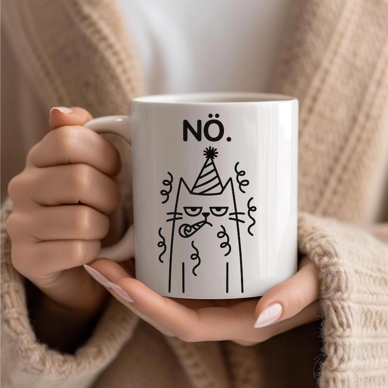 Tailorly White Ceramic 11 oz Mug - Minimalist Line Art Grumpy Cat Wearing Striped Party Hat Among Confetti Cat