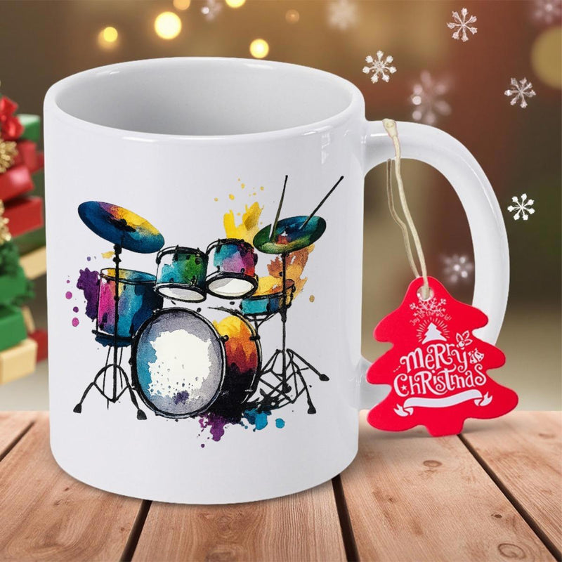 Tailorly White Ceramic 11 oz Mug - Merry Christmas Vibrant Watercolor Musical Set Splattered With Bright Paint Colors Drum Kit