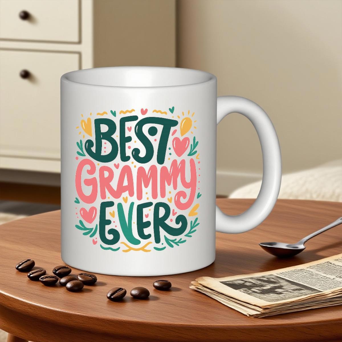 Tailorly White Ceramic 11 oz Mug - Best Grammy Ever Colorful Artistic Hearts With Vibrant Green Leaves And Floral Accents Mug