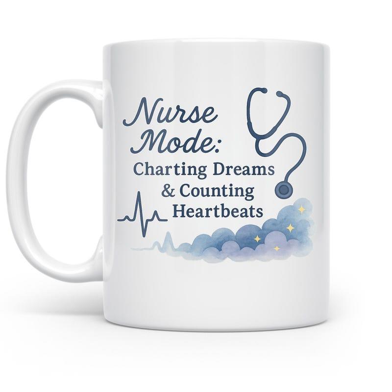 Tailorly White Ceramic 11 oz Mug - Nurse Mode Charting Dreams Counting Heartbeats Medical Symbols With Heartbeat Line And Soft Blue Watercolor Clouds Stethoscope