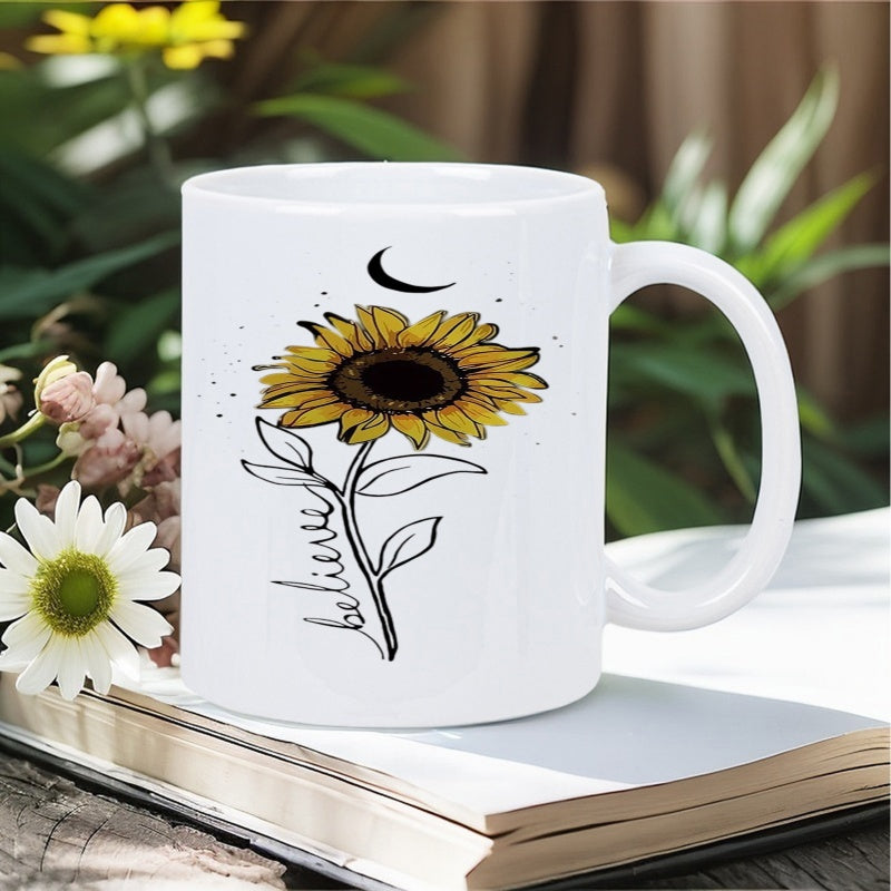 Tailorly White Ceramic 11 oz Mug - Believe Vibrant Yellow Petals With Crescent Moon And Magic Stars Sunflower