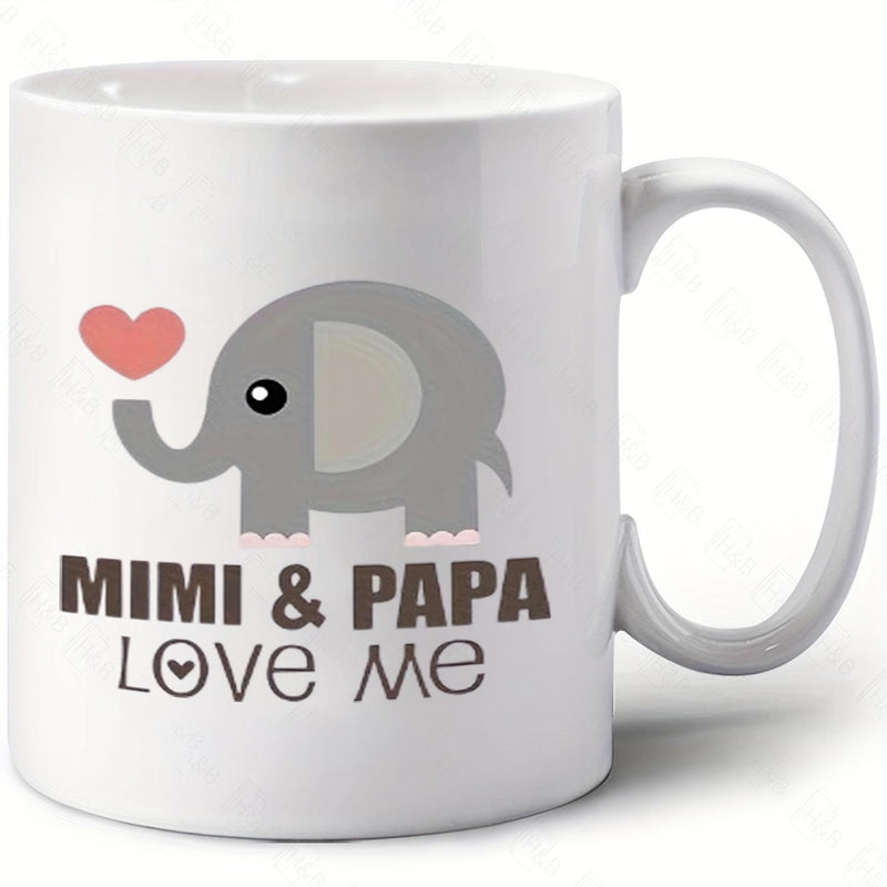 Tailorly White Ceramic 11 oz Mug - Mimi Papa Love Me Minimalist Grey Cartoon Animal Holding Pink Heart With Sweet Expression Cute Elephant