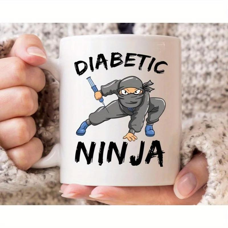 Tailorly White Ceramic 11 oz Mug - Diabetic Ninja Cartoon Warrior In Gray Suit Holding A Medical Syringe Stealthy Ninja