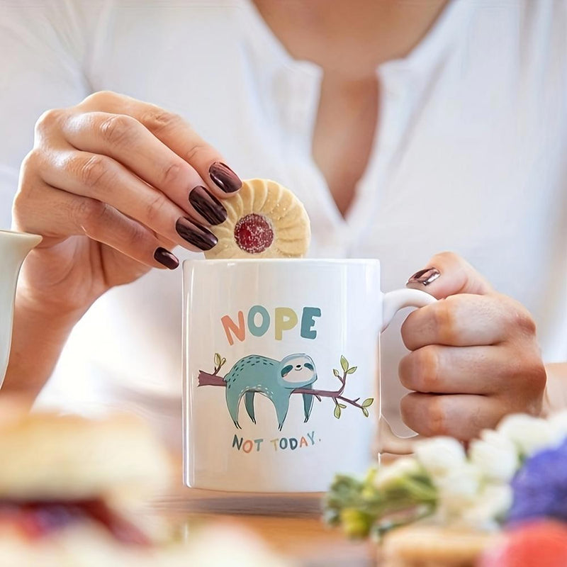 Tailorly White Ceramic 11 oz Mug - Nope Not Today Charming Lazy Blue Sloth Resting Peacefully On A Brown Tree Branch Sloth