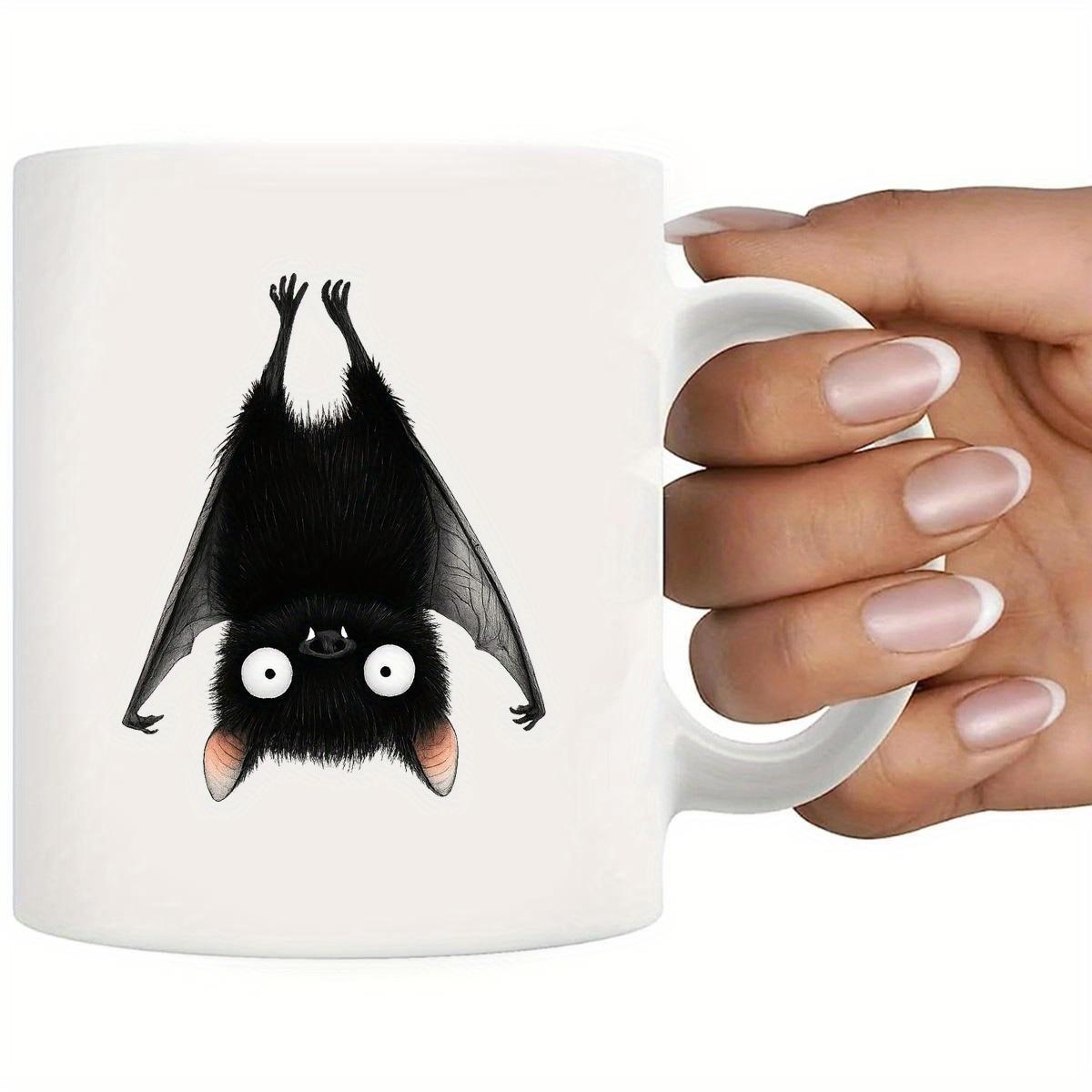 Tailorly White Ceramic 11 oz Mug - Adorable Small Fuzzy Black Winged Animal Hanging Upside Down Bat