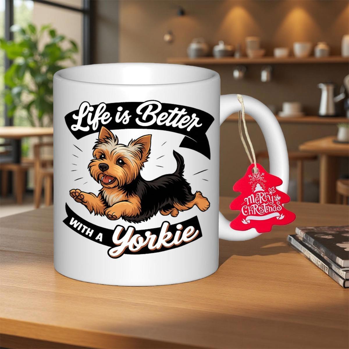 Tailorly White Ceramic 11 oz Mug - Life Is Better With A Yorkie Playful Cartoon Canine With Expressive Eyes Resting Comfortably Among Decorative Banners Yorkie