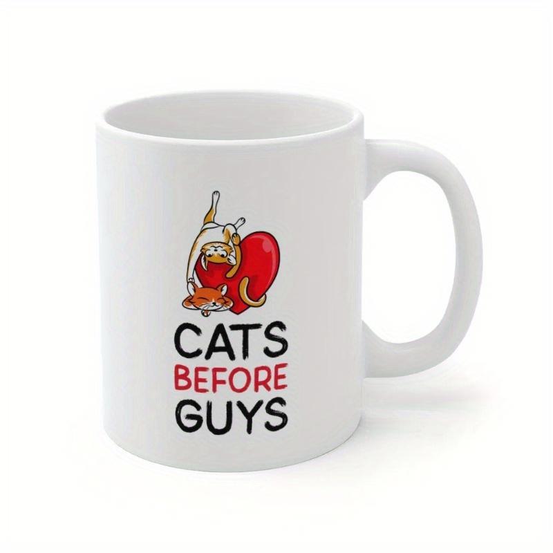 Tailorly White Ceramic 11 oz Mug - Cats Before Guys Adorable Cartoon Cat Hugging A Large Red Heart Near Pizza Mug