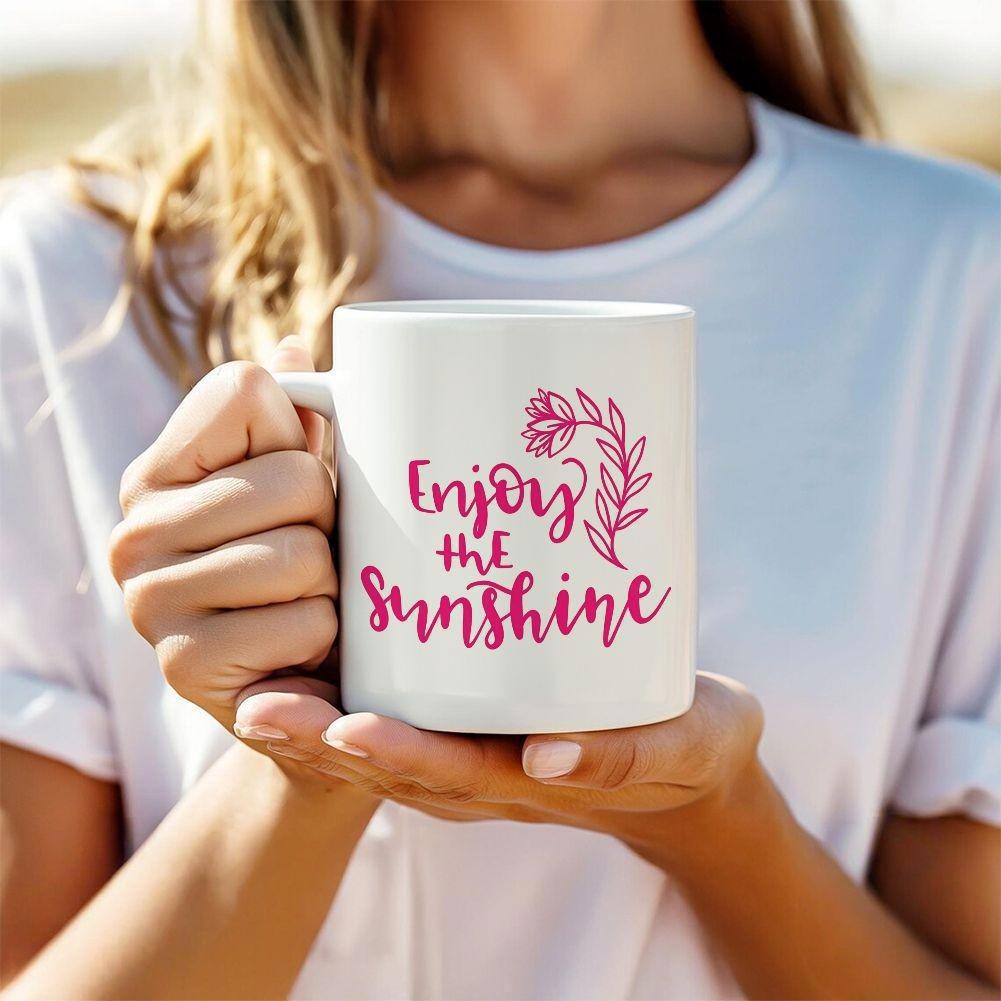 Tailorly White Ceramic 11 oz Mug - Enjoy The Sunshine Elegant Pink Floral Branch Blooming With Delicate Petals And Leaves Flower
