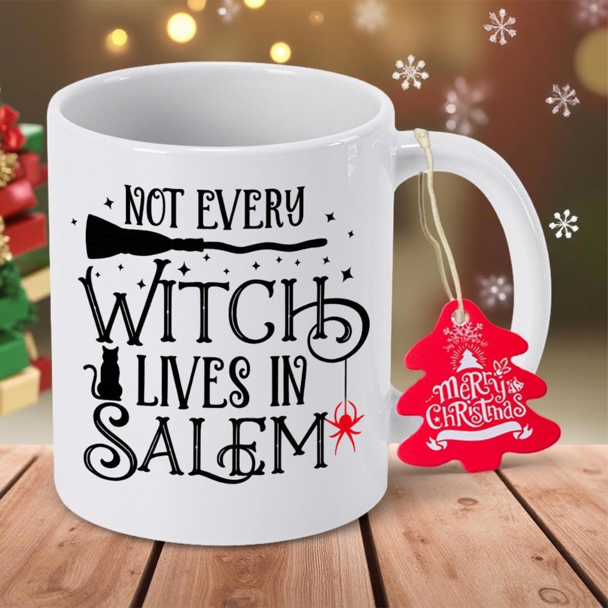 Tailorly White Ceramic 11 oz Mug - Not Every Witch Lives In Salem Mystical Black Cat Sitting Beside A Flying Wooden Magic Broom