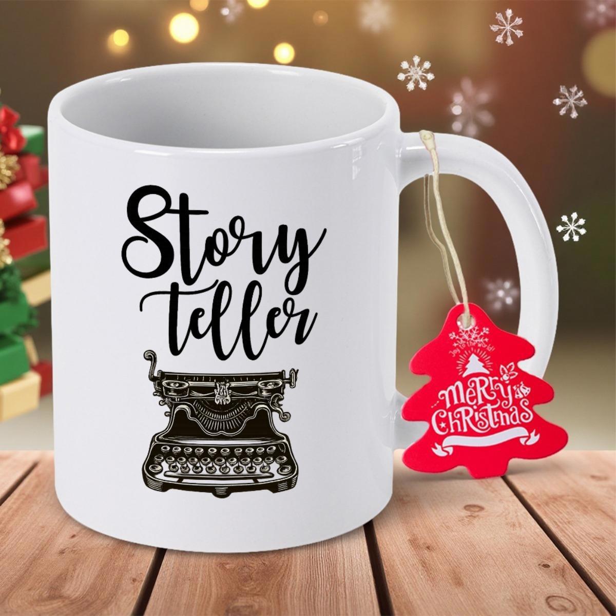 Tailorly White Ceramic 11 oz Mug - Storyteller Vintage Black Manual Illustration For Nostalgic Creative Authors Classic Typewriter