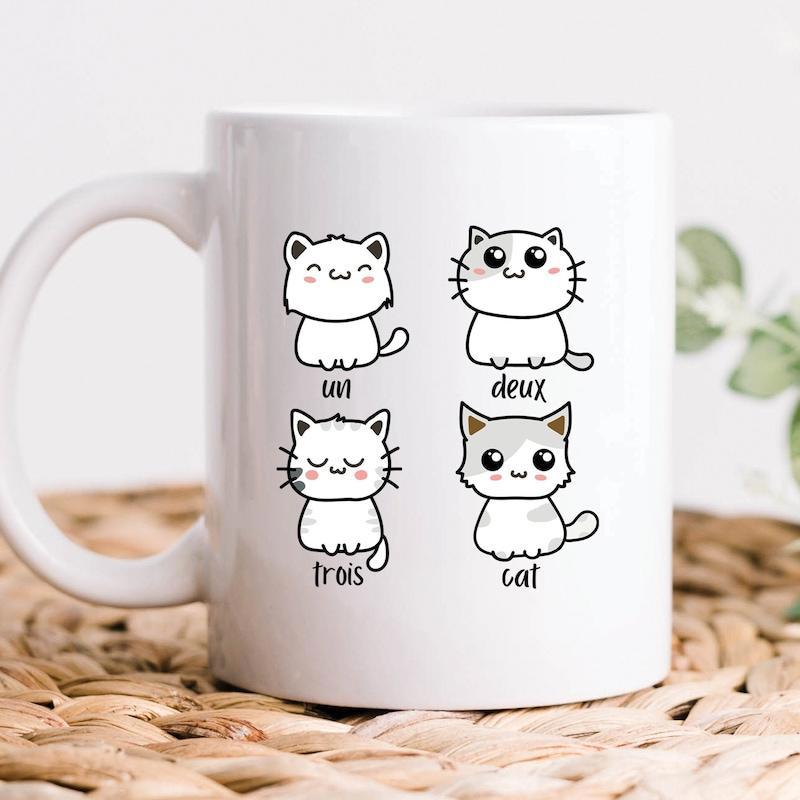 Tailorly White Ceramic 11 oz Mug - Cat Four Minimalist Hand Drawn Cartoon Kittens Sitting In Grid Arrangement Cat