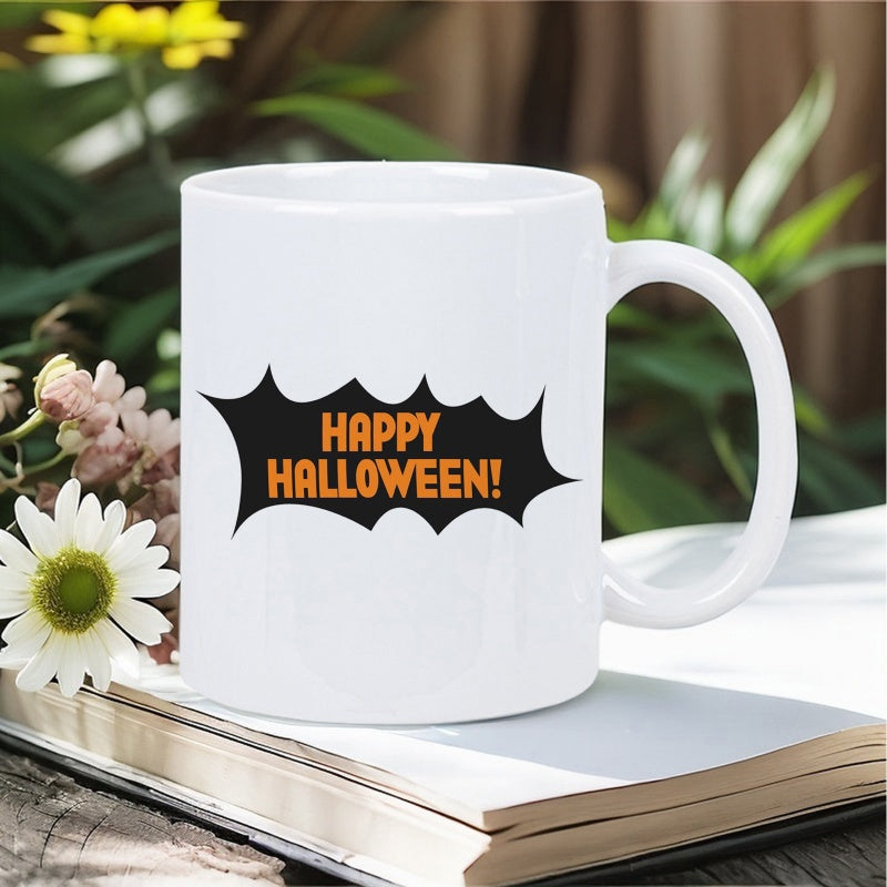 Tailorly White Ceramic 11 oz Mug - Happy Halloween Spooky Jagged Black Burst Silhouette With Vibrant Orange Seasonal Festive Greeting Mug