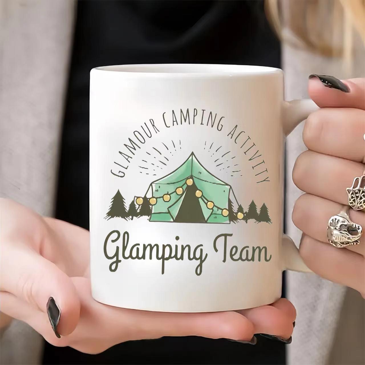 Tailorly White Ceramic 11 oz Mug - Glamour Camping Activity Glamping Team Rustic Outdoor Forest Scene With Glowing String Lights Over A Green Tent