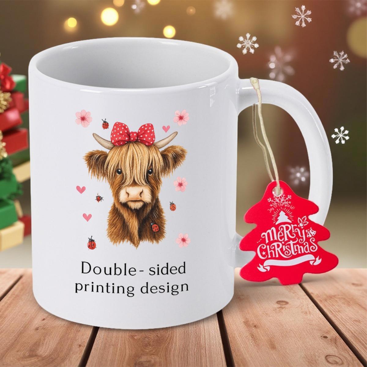 Tailorly White Ceramic 11 oz Mug - Merry Christmas Double Sided Printing Design Cute Fluffy Brown Highland Cattle With Red Polka Dot Ribbon Bow Cow