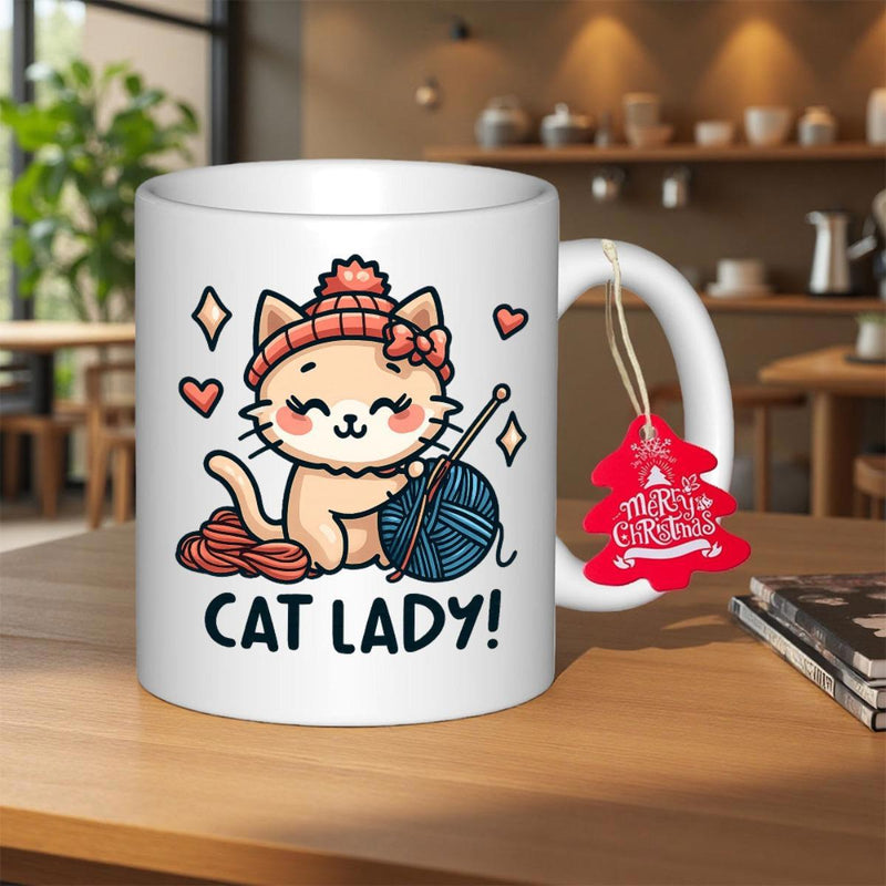 Tailorly White Ceramic 11 oz Mug - Cat Lady Cute Cartoon Kitten Wearing Knitted Hat Playing With Blue Yarn Ball Cat