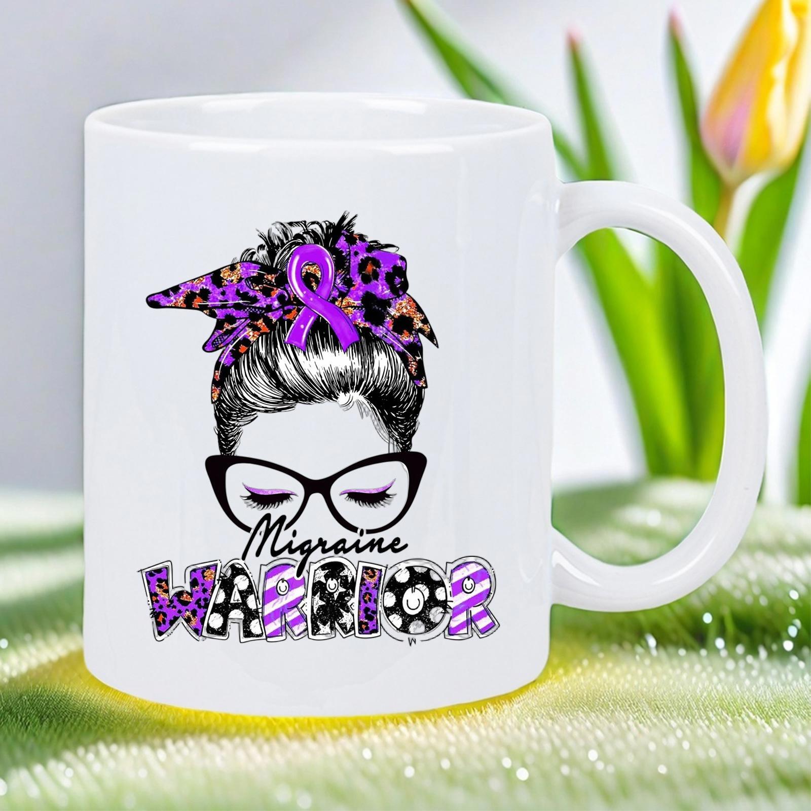 Tailorly White Ceramic 11 oz Mug - Migraine Warrior Stylish Messy Bun Lady Wearing Patterned Glasses With Purple Ribbon Portrait