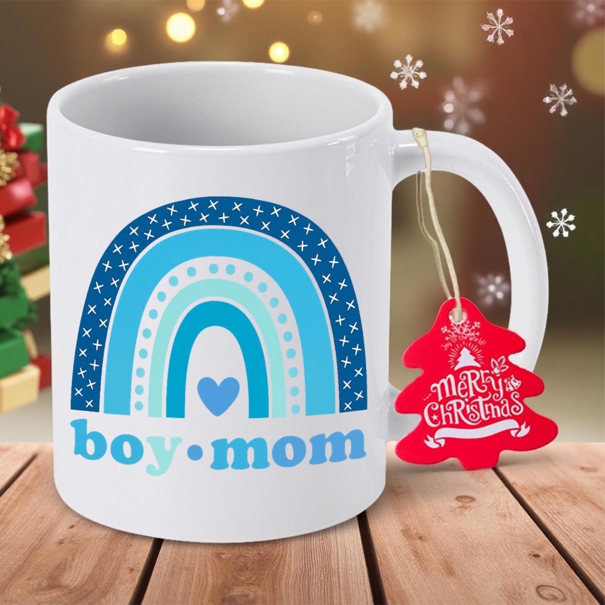 Tailorly White Ceramic 11 oz Mug - Boy Mom Stylized Blue Bohemian Rainbow Pattern Featuring Decorative Stars And Gentle Heart Mug