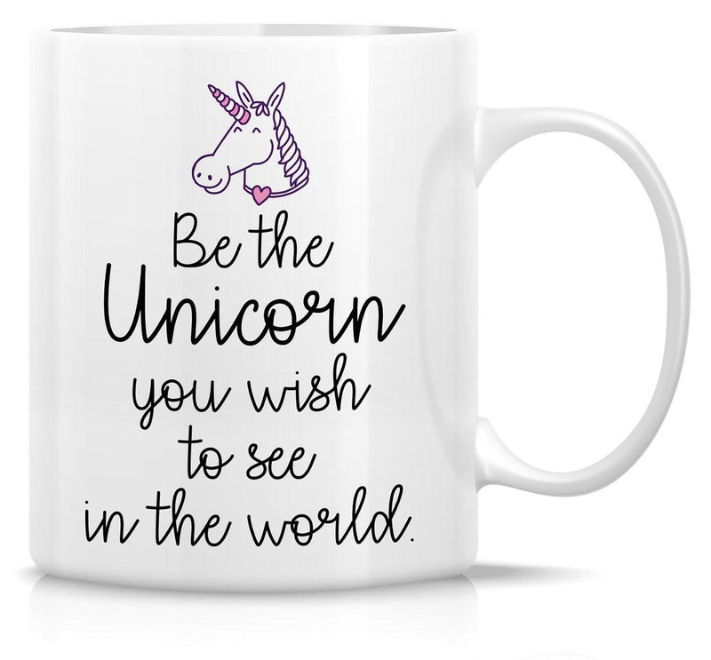 Tailorly White Ceramic 11 oz Mug - Be The Unicorn You Wish To See In The World Whimsical Hand Drawn Purple Line Art Mythical Creature With Pink Horn Unicorn