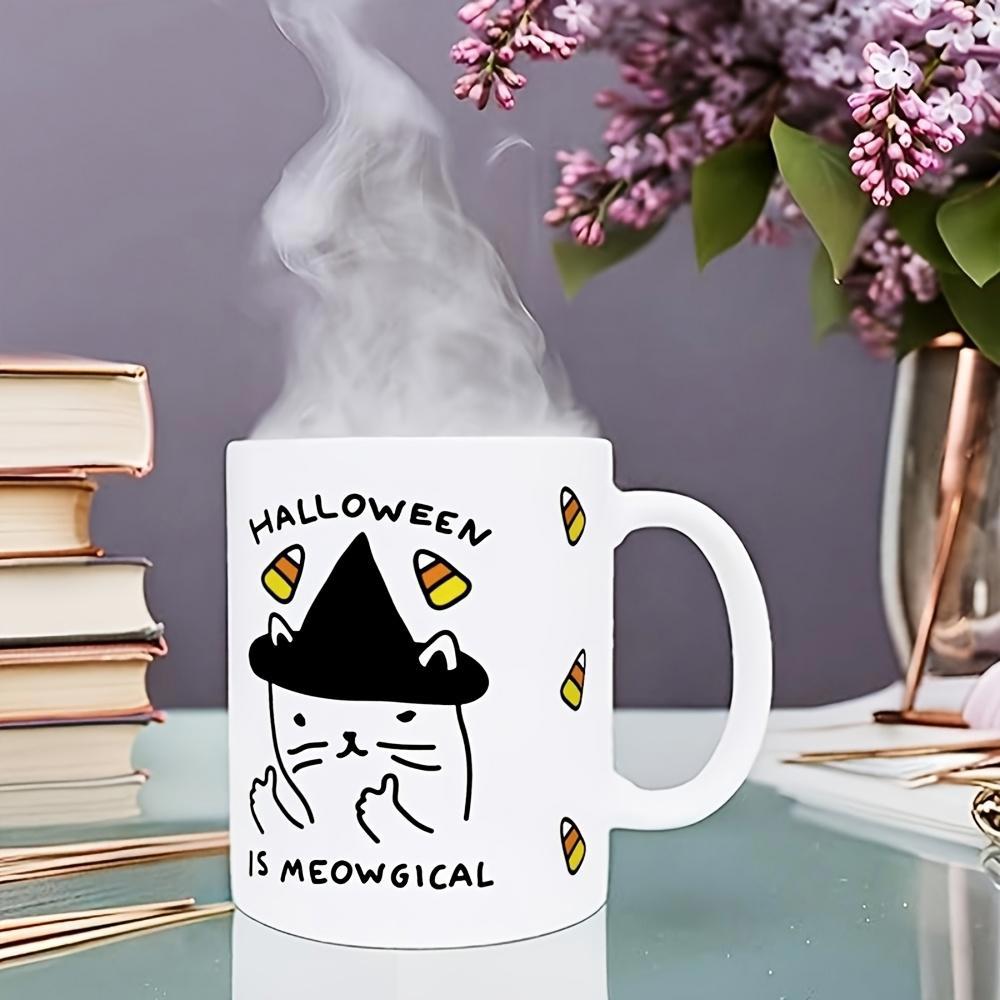 Tailorly White Ceramic 11 oz Mug - Halloween Is Meowgical Adorable Witch Cat Surrounded By Sweet Candy Corn Pieces Cat