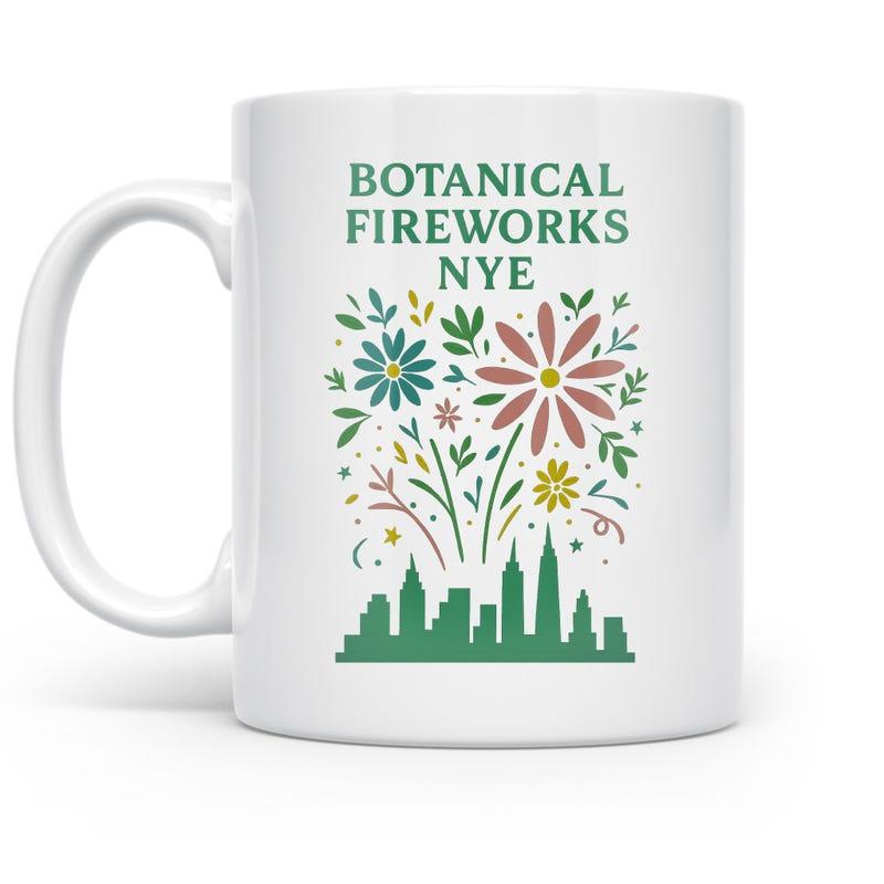 Tailorly White Ceramic 11 oz Mug - Botanical Fireworks Nye Vibrant Blooming Floral Bursts Rising Above Detailed Urban Cityscape Skyline