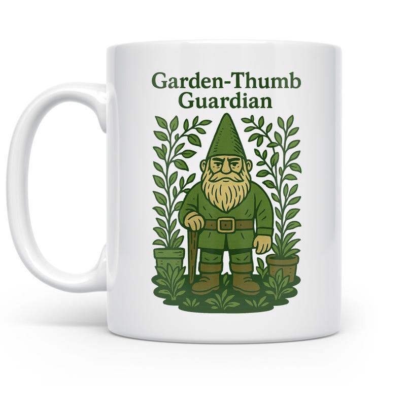 Tailorly White Ceramic 11 oz Mug - Garden Thumb Guardian Hand Drawn Bearded Character Standing Between Lush Green Potted Plants Gnome