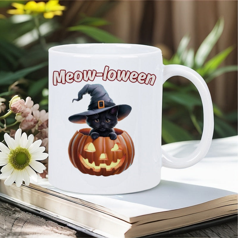 Tailorly White Ceramic 11 oz Mug - Meow Loween Adorable Black Kitten Wearing Witch Hat Inside A Glowing Carved Pumpkin Cat