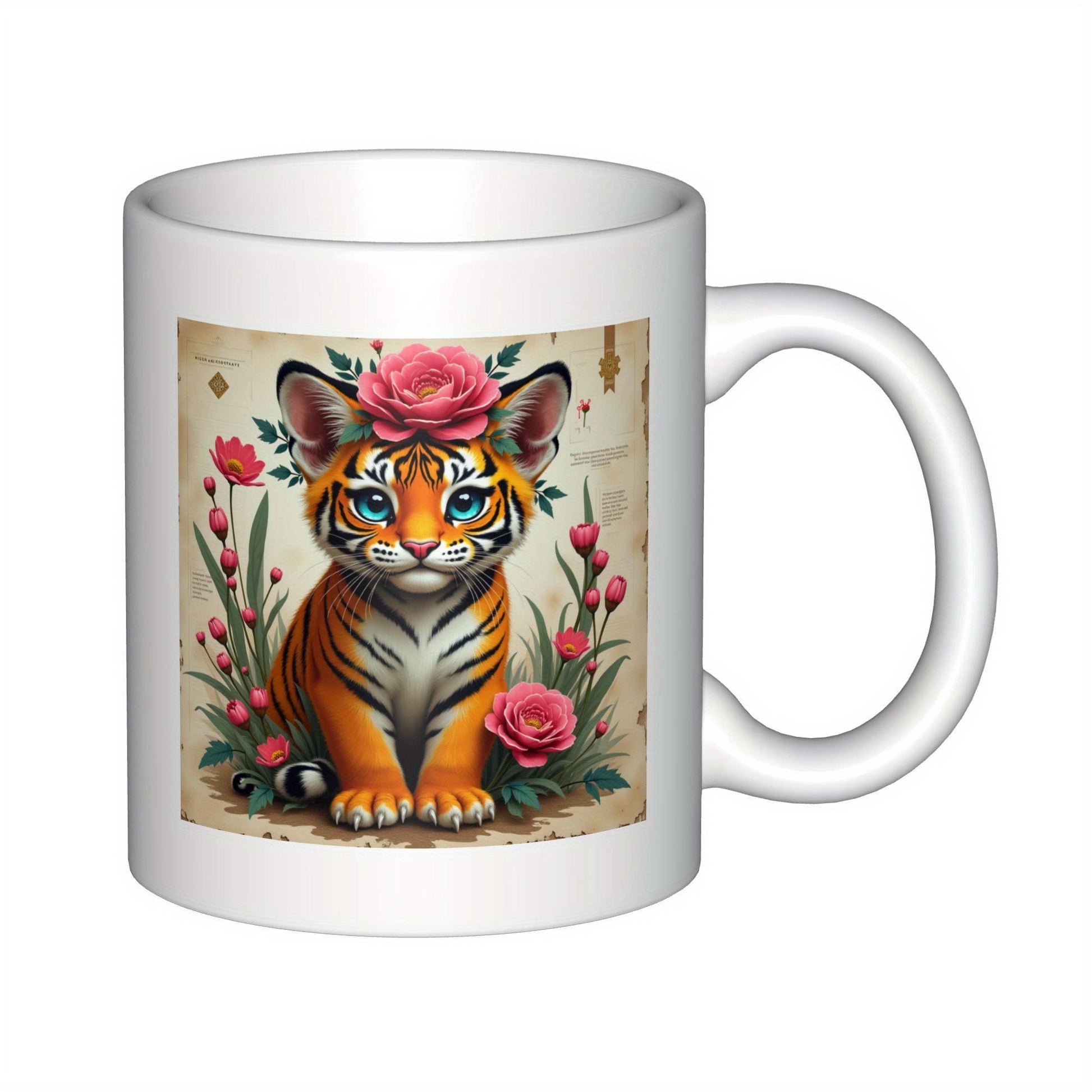 Tailorly White Ceramic 11 oz Mug - Adorable Cub Sitting Among Pink Roses And Delicate Green Garden Foliage Tiger