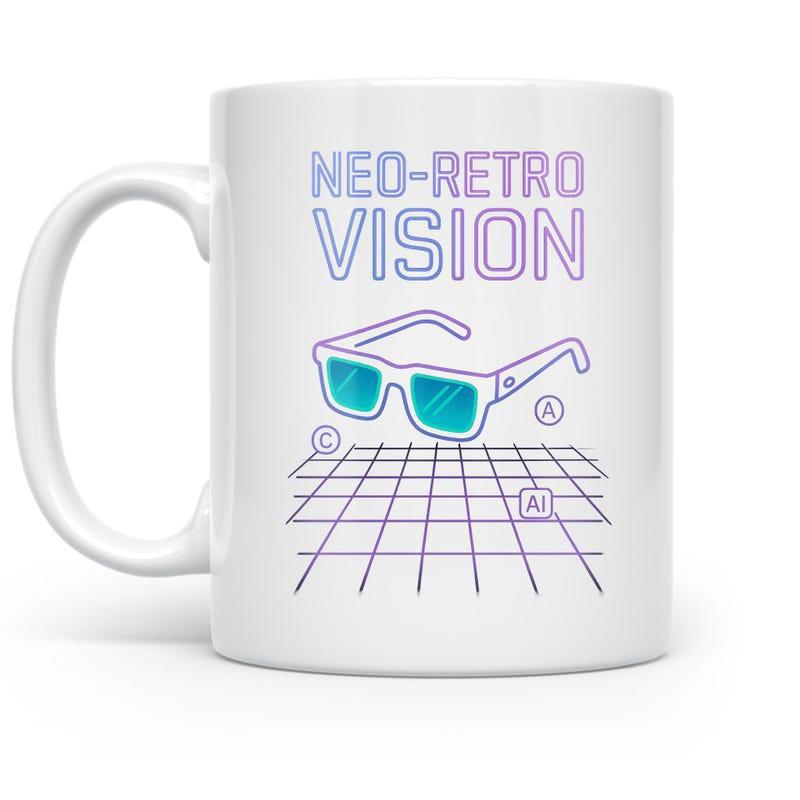 Tailorly White Ceramic 11 oz Mug - Neo Retro Vision Stylized Vaporwave Aesthetic With Glowing Grid Lines And Geometric Symbols Sunglasses