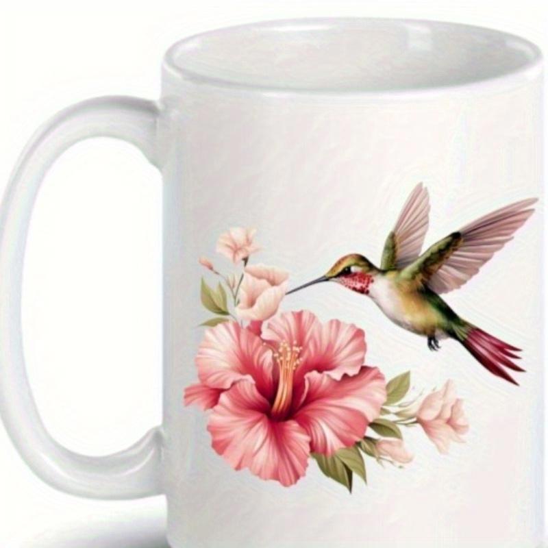 Tailorly White Ceramic 11 oz Mug - Delicate Hummingbird Hovering Near Vibrant Blooming Pink Hibiscus Flower In Nature Hummingbird