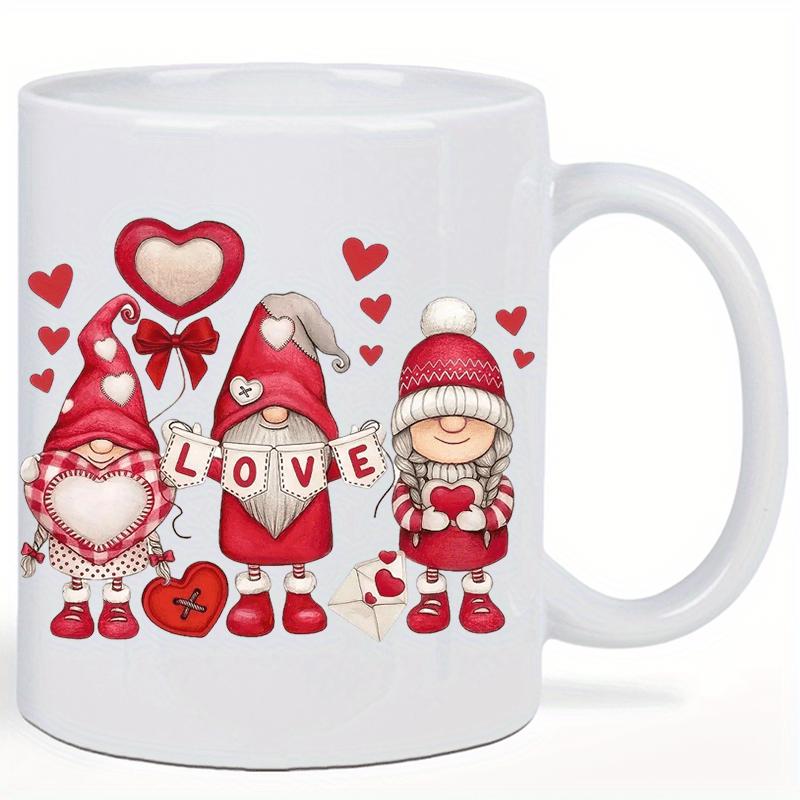 Tailorly White Ceramic 11 oz Mug - Love Three Festive Valentine Characters With Red Hats Holding Tiny Romantic Hearts Gnome