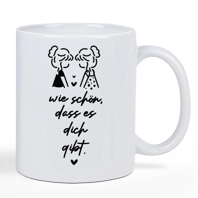 Tailorly White Ceramic 11 oz Mug - Simple Modern Line Art Portraying Two Young Best Friends With Hearts Girls